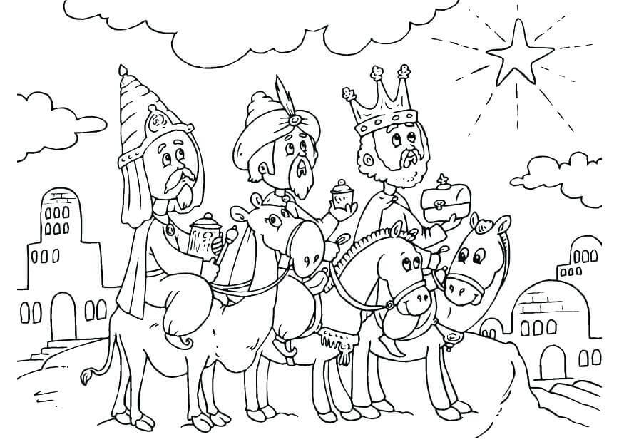 Online coloring book: The Magi on baby camels coloring page